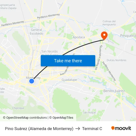 Pino Suárez (Alameda de Monterrey) to Terminal C map