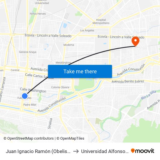 Juan Ignacio Ramón (Obelisco de La Fundación de Monterrey) to Universidad Alfonso Reyes, Unidad Lindavista map