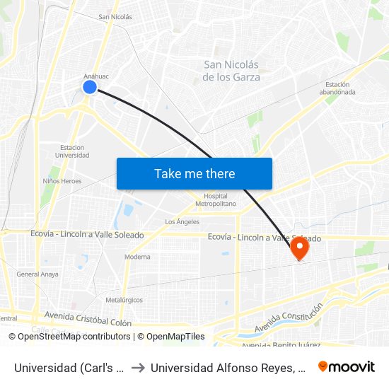 Universidad (Carl's Jr. Anáhuac) to Universidad Alfonso Reyes, Unidad Lindavista map