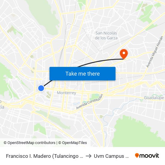 Francisco I. Madero (Tulancingo - Simón Bolívar) to Uvm Campus Monterrey map