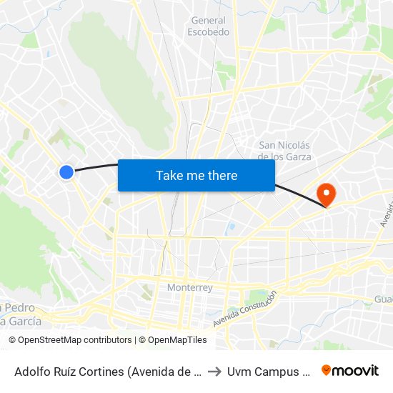 Adolfo Ruíz Cortines (Avenida de La Unidad - Nogal) to Uvm Campus Monterrey map