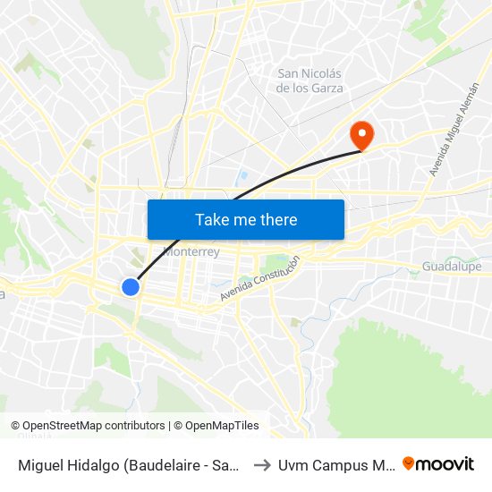 Miguel Hidalgo (Baudelaire - Santos Degollado) to Uvm Campus Monterrey map