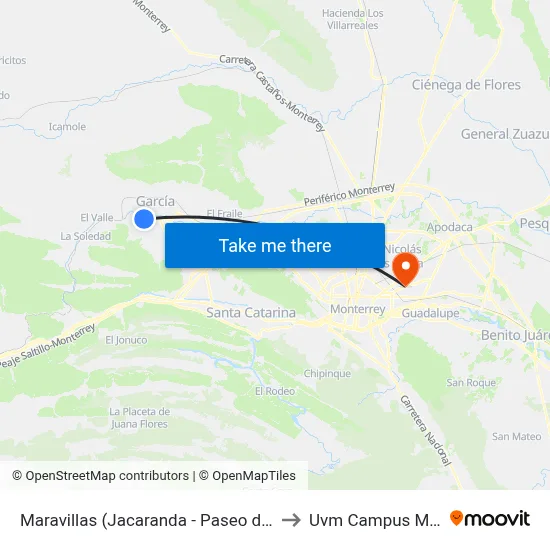 Maravillas (Jacaranda - Paseo de La Estación) to Uvm Campus Monterrey map