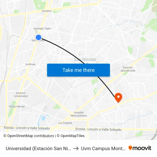 Universidad (Estación San Nicolás) to Uvm Campus Monterrey map
