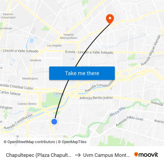 Chapultepec (Plaza Chapultepec) to Uvm Campus Monterrey map