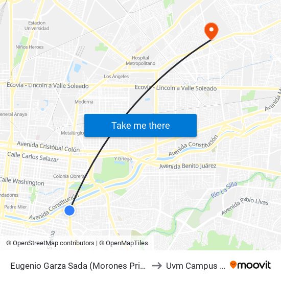 Eugenio Garza Sada (Morones Prieto - Juventino Rosas) to Uvm Campus Monterrey map