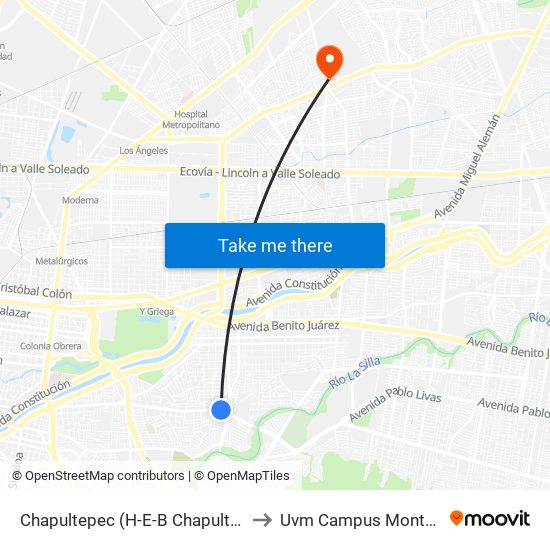 Chapultepec (H-E-B Chapultepec) to Uvm Campus Monterrey map