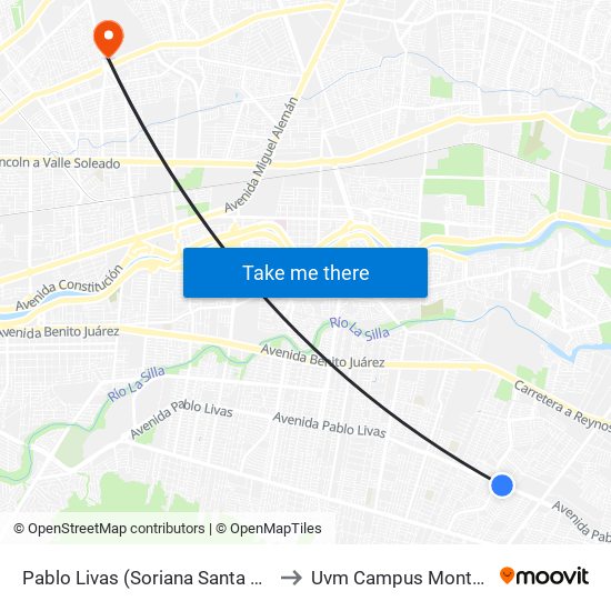 Pablo Livas (Soriana Santa María) to Uvm Campus Monterrey map