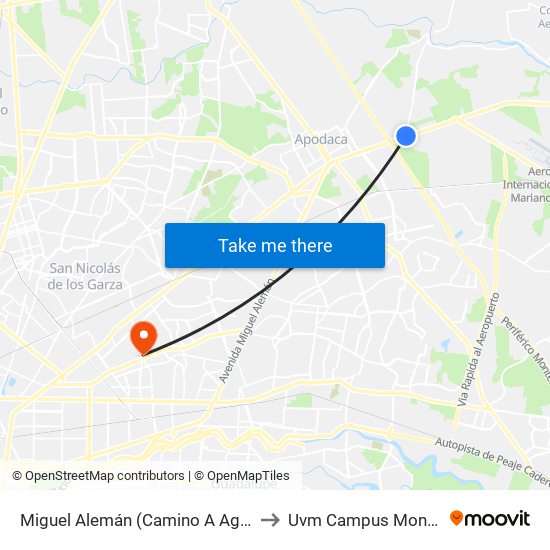 Miguel Alemán (Camino A Agua Fría) to Uvm Campus Monterrey map