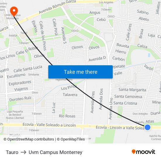 Tauro to Uvm Campus Monterrey map