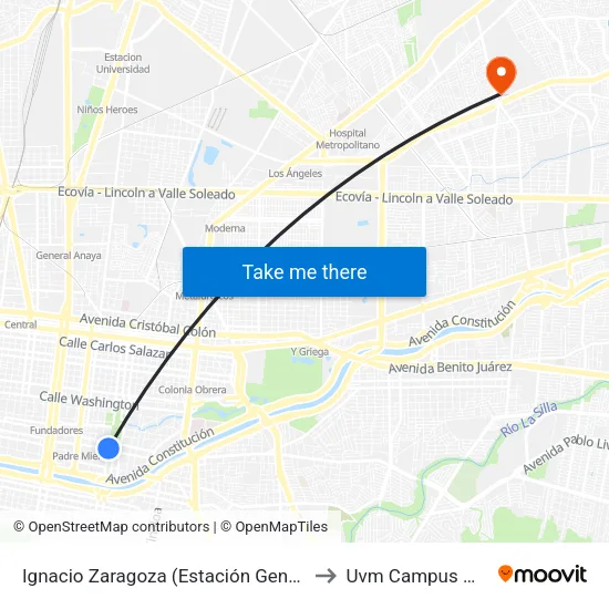 Ignacio Zaragoza (Estación General I. Zaragoza) to Uvm Campus Monterrey map