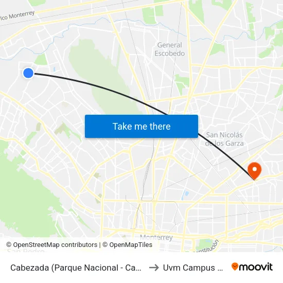 Cabezada (Parque Nacional - Camino Del Pastizal) to Uvm Campus Monterrey map