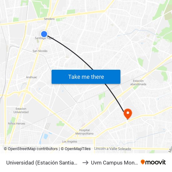 Universidad (Estación Santiago Tapia) to Uvm Campus Monterrey map