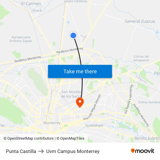 Punta Castilla to Uvm Campus Monterrey map