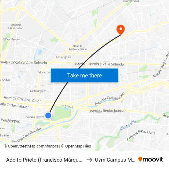 Adolfo Prieto (Francisco Márquez - Fundidora) to Uvm Campus Monterrey map