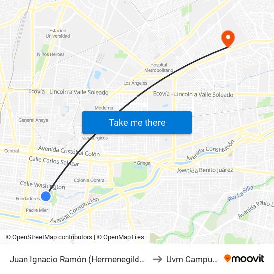 Juan Ignacio Ramón (Hermenegildo Galeana - Emilio Carranza) to Uvm Campus Monterrey map