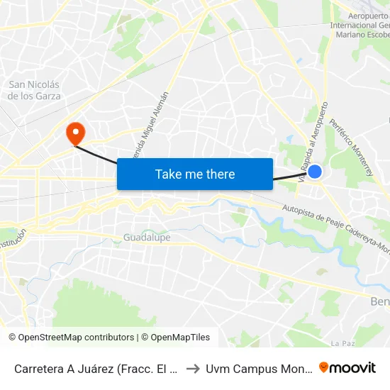 Carretera A Juárez (Fracc. El Rosario) to Uvm Campus Monterrey map
