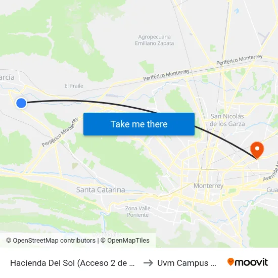 Hacienda Del Sol (Acceso 2 de Villas Del Álcali) to Uvm Campus Monterrey map