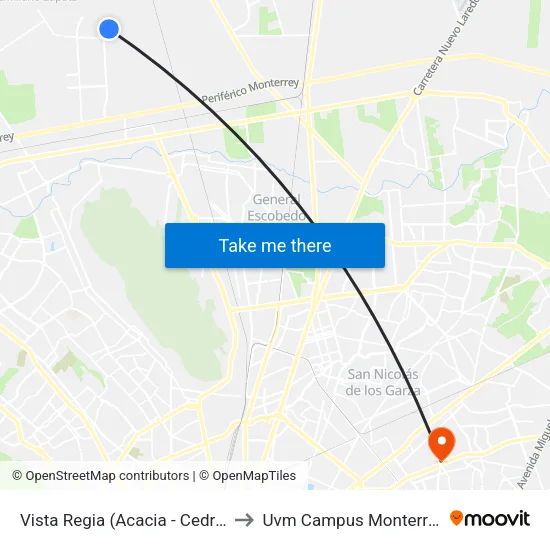 Vista Regia (Acacia - Cedro) to Uvm Campus Monterrey map