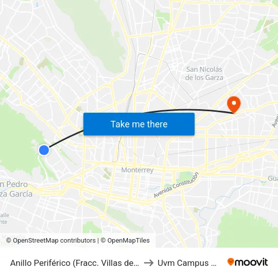 Anillo Periférico (Fracc. Villas de San Jerónimo) to Uvm Campus Monterrey map