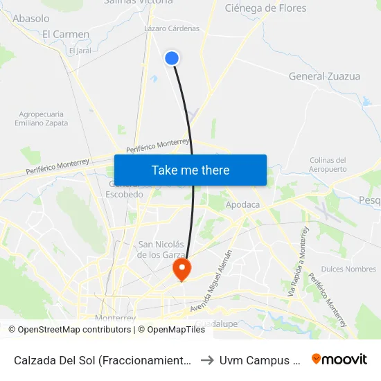 Calzada Del Sol (Cerrada Platino) to Uvm Campus Monterrey map