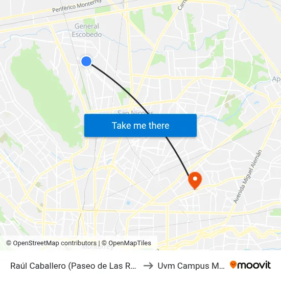 Raúl Caballero (Paseo de Las Rosas - Nardos) to Uvm Campus Monterrey map