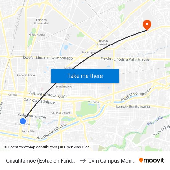 Cuauhtémoc (Estación Fundadores) to Uvm Campus Monterrey map