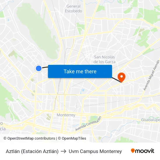 Aztlán (Estación Aztlán) to Uvm Campus Monterrey map