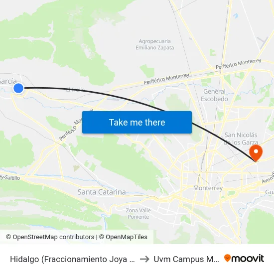Hidalgo (Fraccionamiento Joya de La Corona) to Uvm Campus Monterrey map