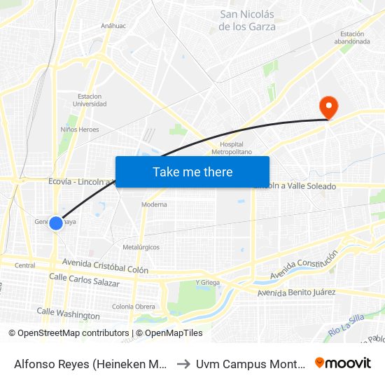 Alfonso Reyes (Heineken México) to Uvm Campus Monterrey map