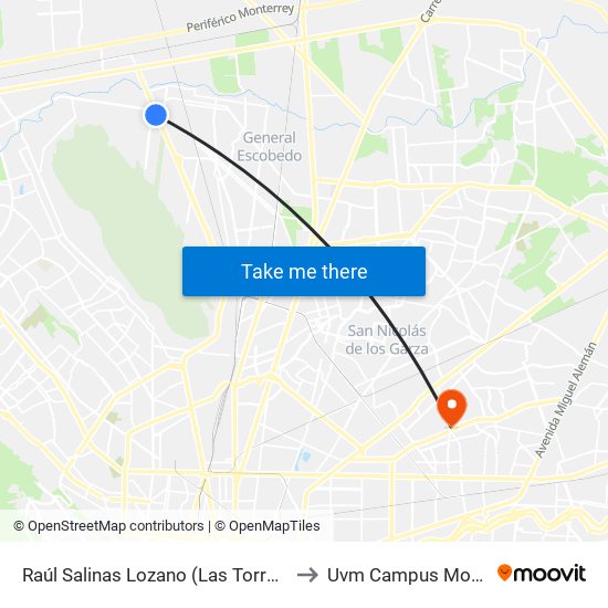 Raúl Salinas Lozano (Las Torres - Unión) to Uvm Campus Monterrey map