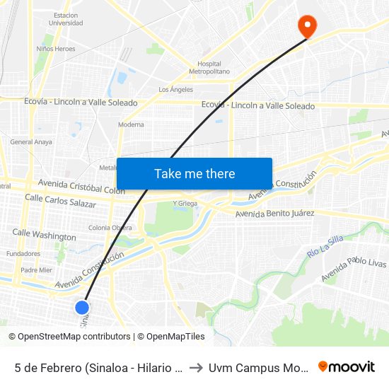 5 de Febrero (Sinaloa - Hilario Martínez) to Uvm Campus Monterrey map