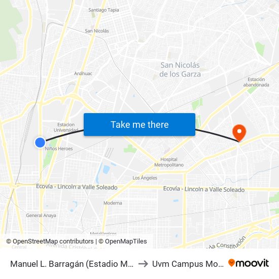 Manuel L. Barragán (Estadio Mobil Super) to Uvm Campus Monterrey map