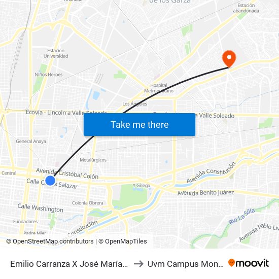 Emilio Carranza X José María Arteaga to Uvm Campus Monterrey map