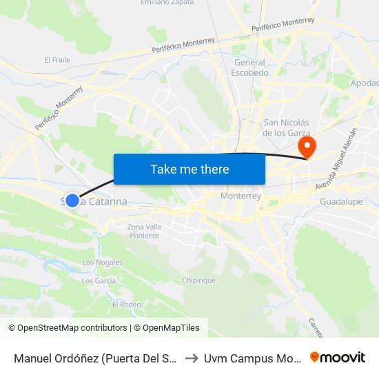 Manuel Ordóñez (Puerta Del Sol - Urano) to Uvm Campus Monterrey map