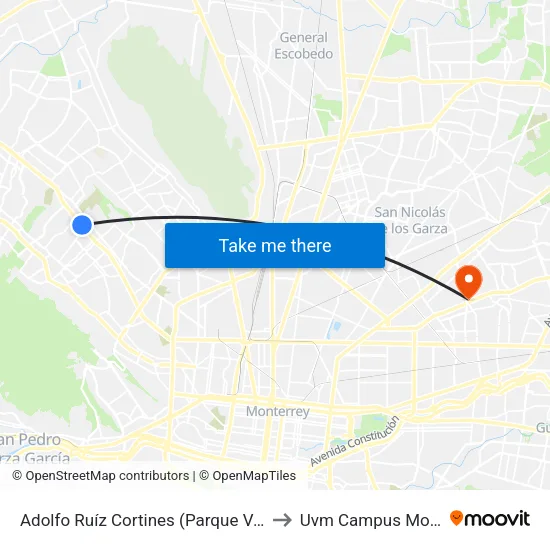 Adolfo Ruíz Cortines (Parque Valle Verde) to Uvm Campus Monterrey map