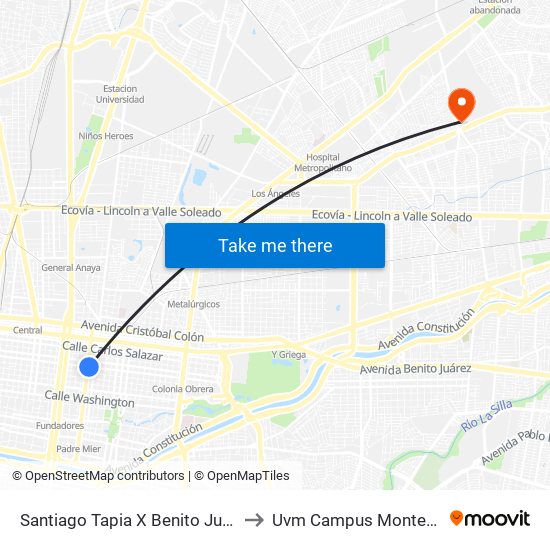 Santiago Tapia X Benito Juárez to Uvm Campus Monterrey map