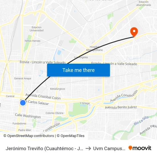 Jerónimo Treviño (Cuauhtémoc - José Mariano Jiménez) to Uvm Campus Monterrey map