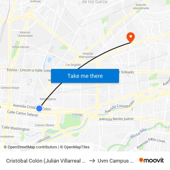 Cristóbal Colón (Julián Villarreal - Álvaro Obregón) to Uvm Campus Monterrey map