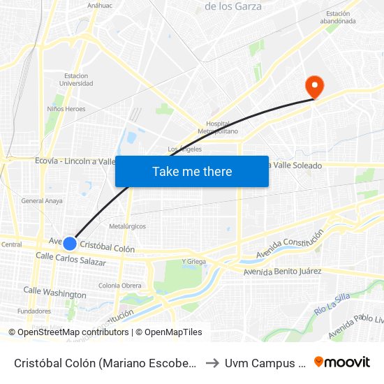 Cristóbal Colón (Mariano Escobedo - Emilio Carranza) to Uvm Campus Monterrey map