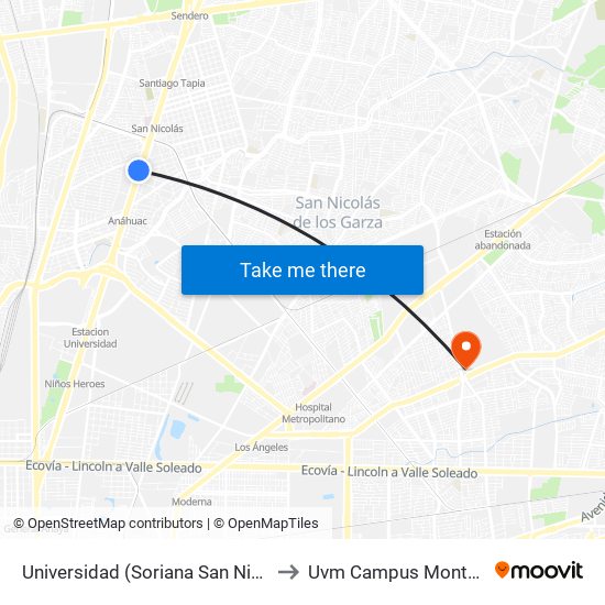 Universidad (Soriana San Nicolás) to Uvm Campus Monterrey map