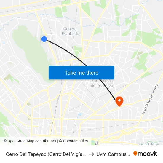 Cerro Del Tepeyac (Cerro Del Vigía - Cerro Del Obispado) to Uvm Campus Monterrey map