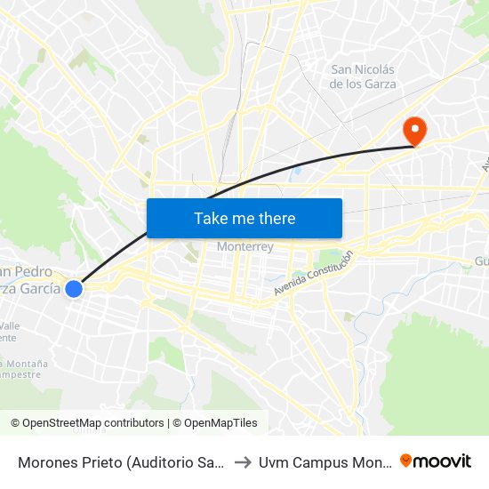 Morones Prieto (Auditorio San Pedro) to Uvm Campus Monterrey map