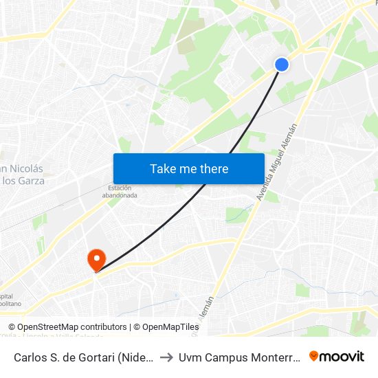 Carlos S. de Gortari (Nidec) to Uvm Campus Monterrey map