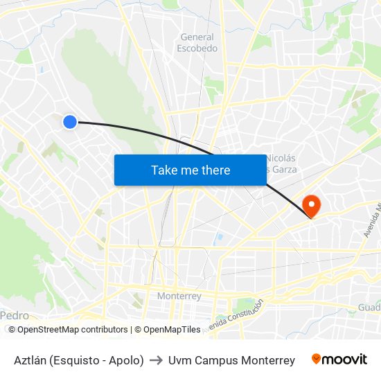 Aztlán (Esquisto - Apolo) to Uvm Campus Monterrey map