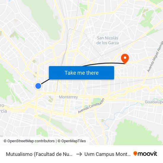 Mutualismo (Facultad de Nutrición) to Uvm Campus Monterrey map