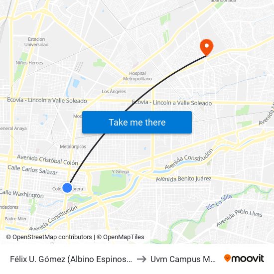 Félix U. Gómez (Albino Espinosa - Peñoles) to Uvm Campus Monterrey map