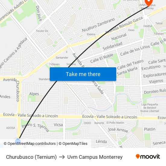 Churubusco (Ternium) to Uvm Campus Monterrey map