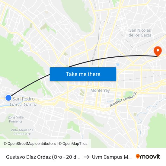 Gustavo Díaz Ordaz (Oro - 20 de Noviembre) to Uvm Campus Monterrey map