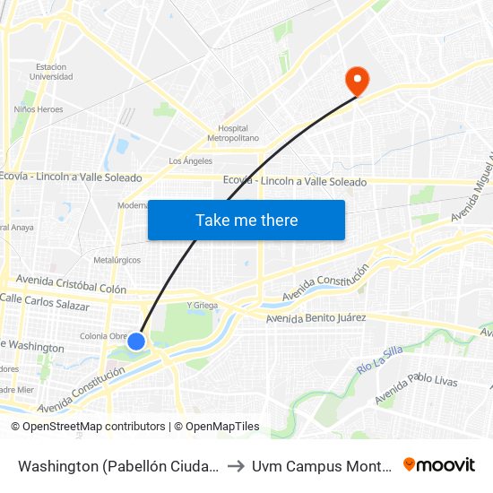 Washington (Pabellón Ciudadano) to Uvm Campus Monterrey map